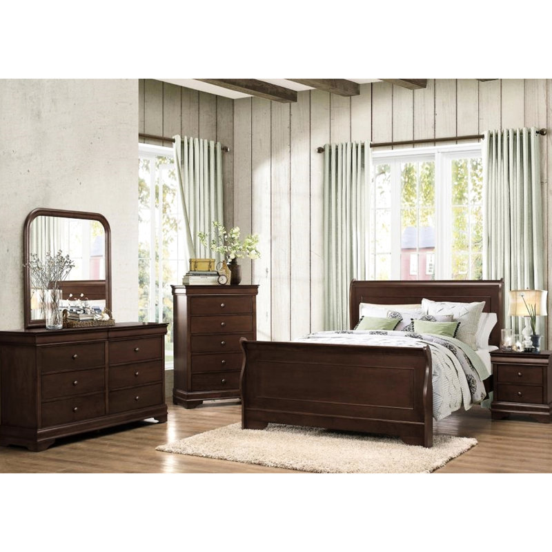 Grand lit style cerisier foncé de style chambre à coucher - Un objet essentiel pour la chambre à coucher nécessite un sommier en bois et une finition traditionnelle d'ingénierie