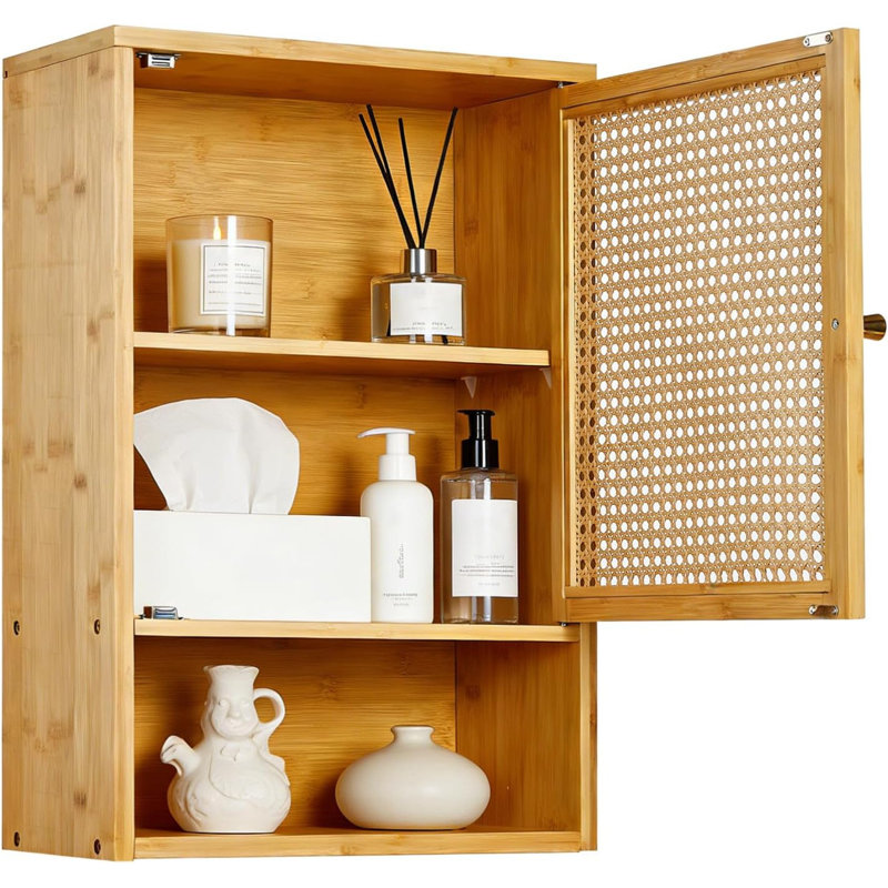 Bamboo Wall Mount Bathroom Cabinet with Rattan Doors & Adjustable Shelf, Over Toilet Hanging Storage for Bathroom, Kitchen, Laundry
