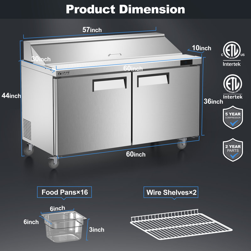 Coolski 60’’ W Commercial Salad Bar Refrigerator with 2 Doors, Refrigerated Salad Food Prep Table for Restaurants Cafeterias Sub Shops, Large Capacity Stainless Steel ETL NSF Approved