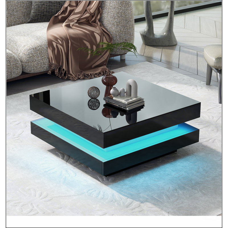 2-Tier Square Coffee Table with plug-in 16-colour LED Lights, Black