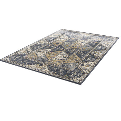 Tiled Border Rug, Blue Cream Geometric, 100% Polypropylene, Medium Pile, Easy To Clean, Living Room Decor Traditional Tiles Area Rug - And Geometric Suited For High Traffic Areas, Spot Or Vacuum Clean