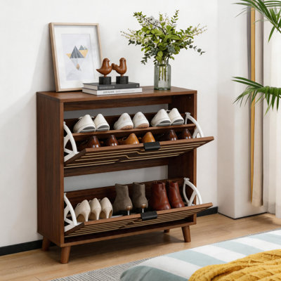 Armoire de rangement pour chaussures autoportante avec 2 tiroirs rabattables, range-chaussures en bois de ferme pour entrée, noyer