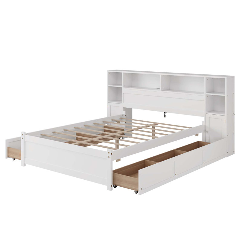 Lit de rangement en bois avec tête de lit haute bibliothèque, 6 tiroirs et station de charge pour les adultes, aucun sommier nécessaire