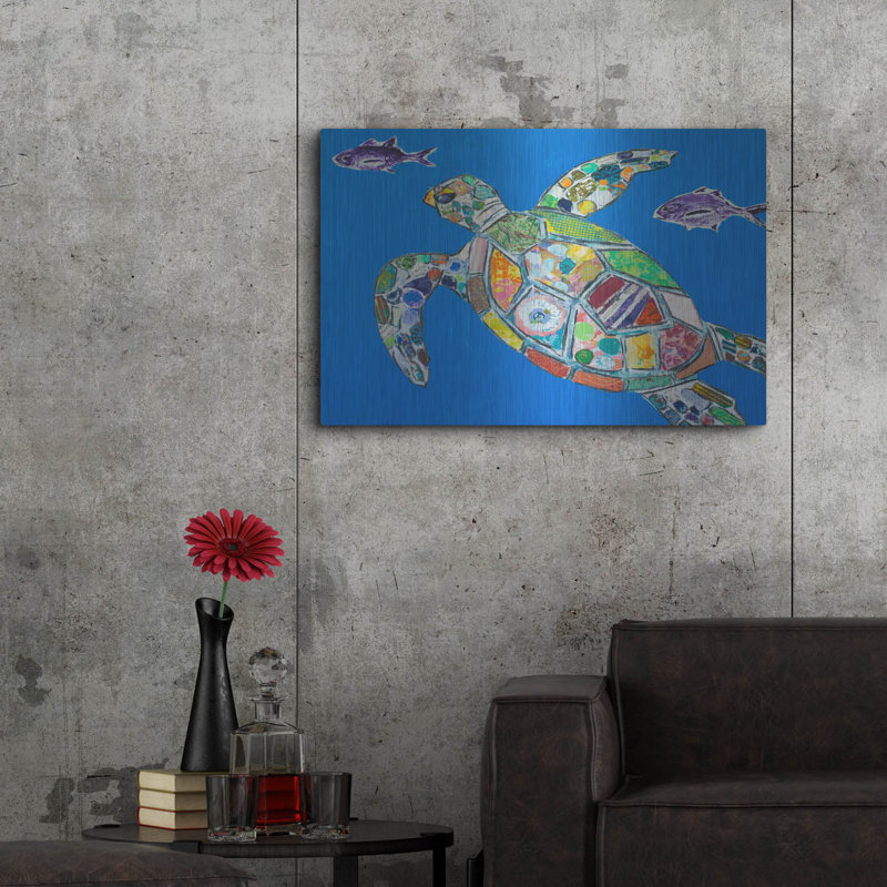 Blue Sea Turtle Metal Wall Art with Colorful Mosaic Design, 36" x 24"