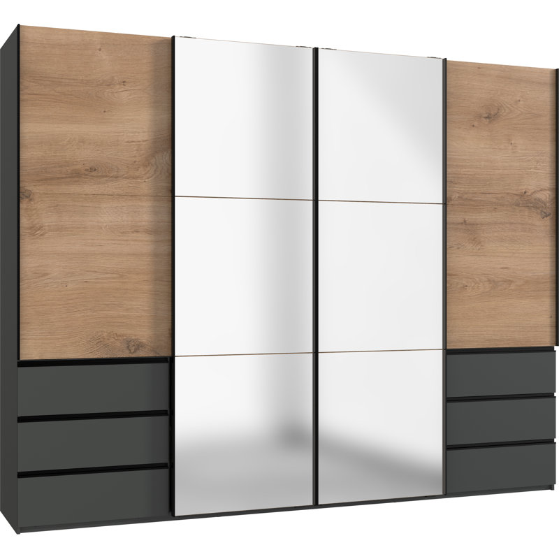 Guardino 4 Door Wardrobe, 236cm H x 300cm W x 65cm D, Plank Oak/Graphite