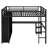Queen size metal loft bed frame with built-in wardrobe, desk, and storage shelves, space-saving design, black