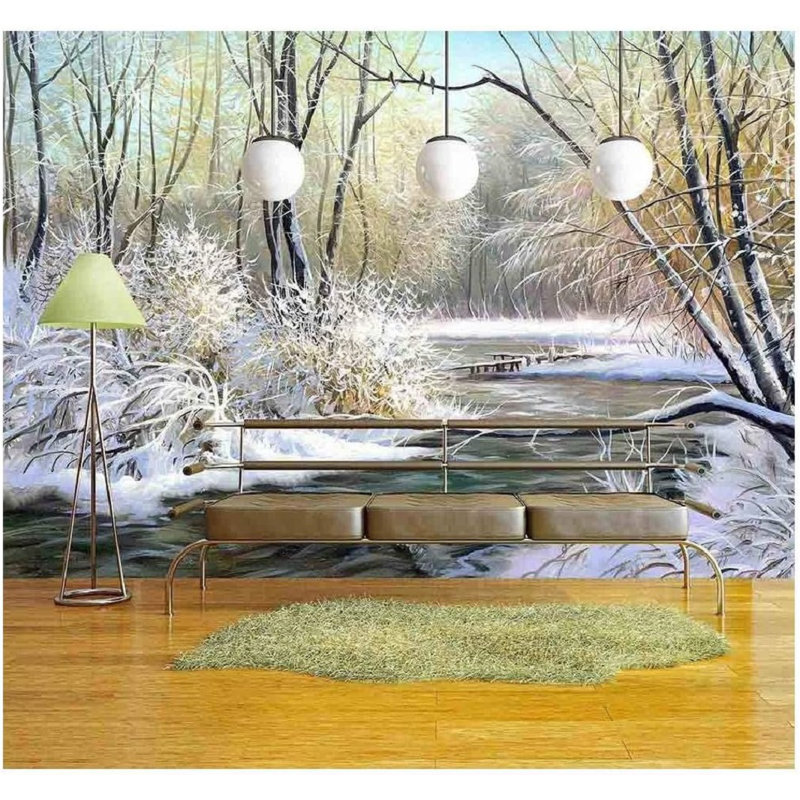 Adhésif mural paysage d'hiver avec la rivière Wood, L 66 po x l 96 po