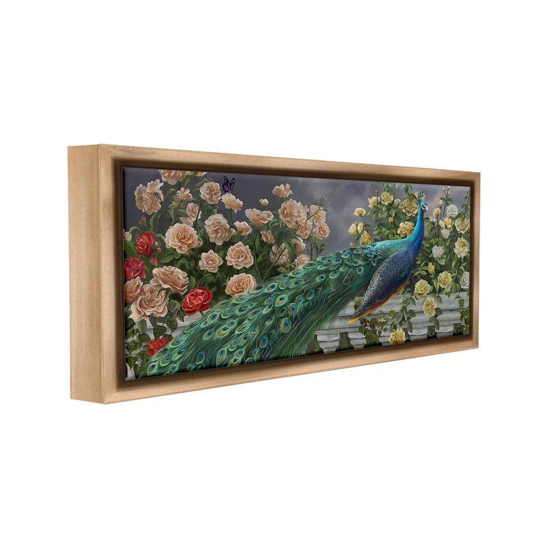 «Peacock & Cottage Blossoms Floater Frame» par Nene Thomas sur toile, Cadre flottant orme Montalcino, H 11 po x l 25 po