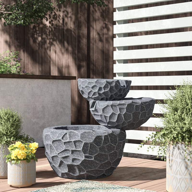Ridgee Wood Weather-Resistant Contemporary Gray Polyresin Solar Water Fountain with Battery