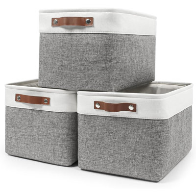 Storage Bins Large Fabric Storage Baskets for Shelves 3 Pack, Decorative Linen Closet Baskets with Handles for Organizing, Shelf, Clothes, Home, Office, 15x11x9.5Inches (Grey&White)