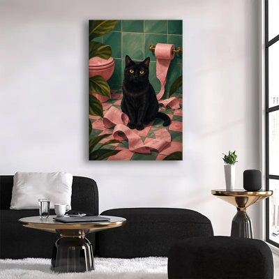 Chat noir assis au milieu d'un papier toilette rose déroulé dans une salle de bain carrelée verte - Décoration murale amusante et mignonne sur toile