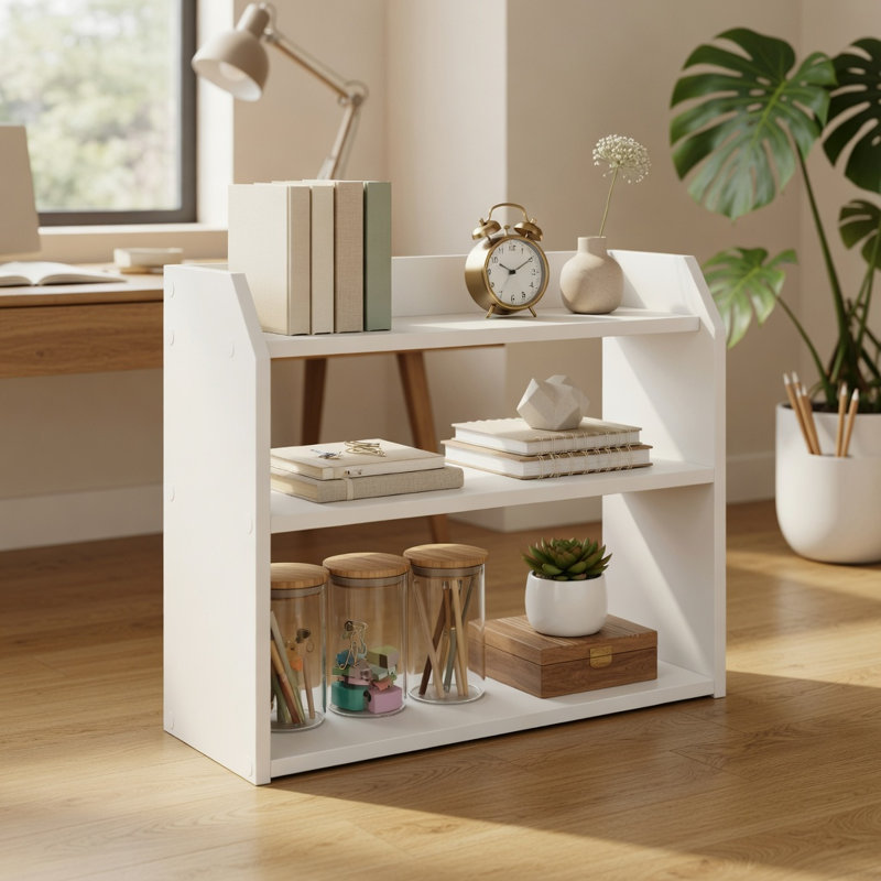 Étagère de bureau en bois à 3 niveaux avec rebords surélevés, rangement compact pour comptoir, bureau, cuisine et espace de travail, blanche