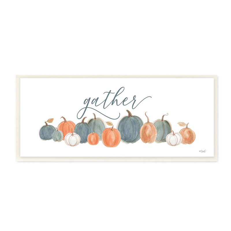 Gather Cursive Script Minimal Autumnal Pumpkins Arrangement Black, H 7 po x l 17 po x P 0,5 po, Plaque murale