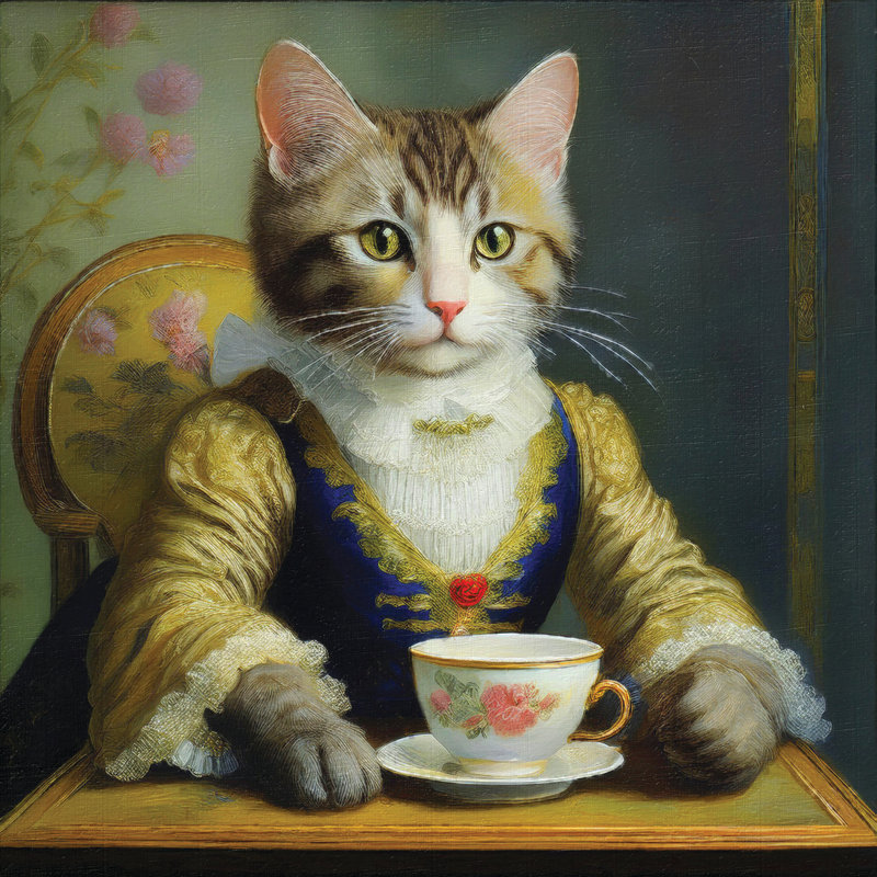 Chat victorien au thé 16 x 16