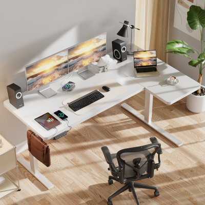 Bureau debout à hauteur réglable en L 71 po à double moteur électrique avec contrôleur de mémoire et charge USB, bureau de coin assis-debout, capacité de 265 lb, brun rustique