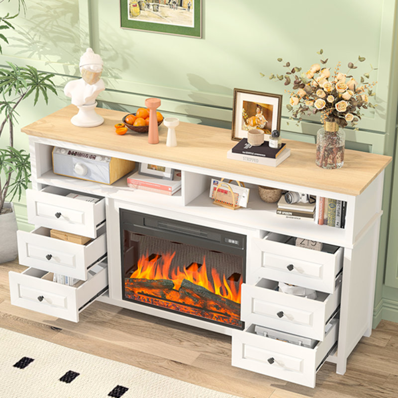 Farmhouse Fireplace TV Stand For Tvs Up To 65 Inch, LED Light Entertainment Center With Multifunctional Electric Fireplace, TV Console Cabinet With 3 Flame Effect & 6 Drawers For Living Room