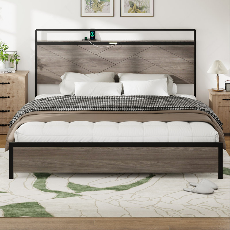 Bed Frame Queen Size, Platform Bed Frame With Storage LED Light Headboard And 2 USB, No Noise,No Spring Mattress Required And Simple Assembly Tools