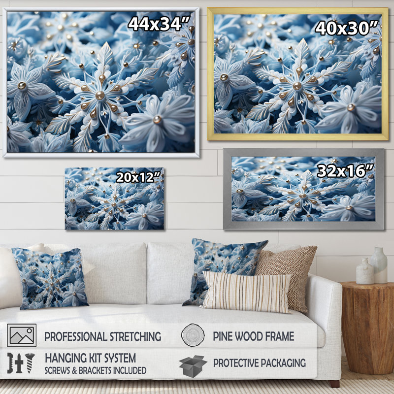 " Glimmering Snowflakes I ", 30" H x 40" W x 1.5" D, White Single Picture Framed