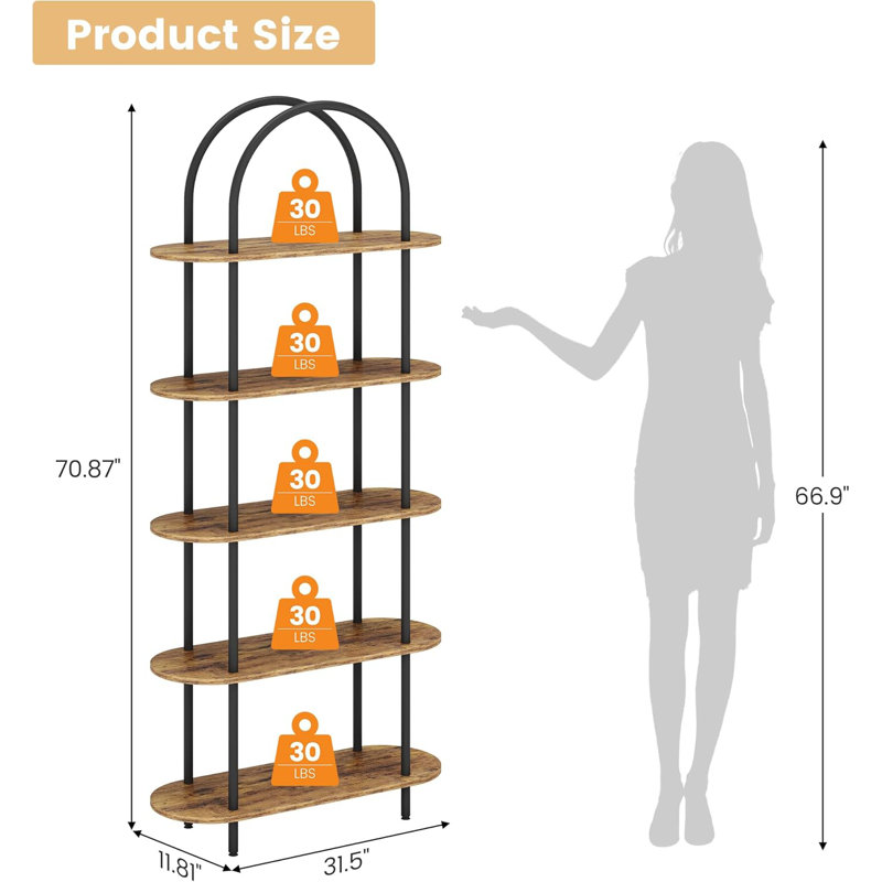 5 Tier Bookcase Arched Display Racks Tall Bookshelf Freestanding Open Storage Shelf, Black/Brown