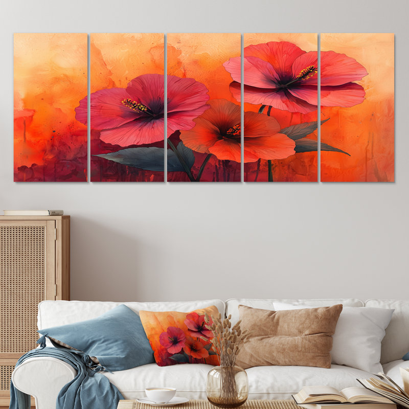 Vives teintes Hibiscus liquide Harmony II - Hibiscus Wall Decor - Art mural traditionnel, H 28 po x l 60 po, 5
