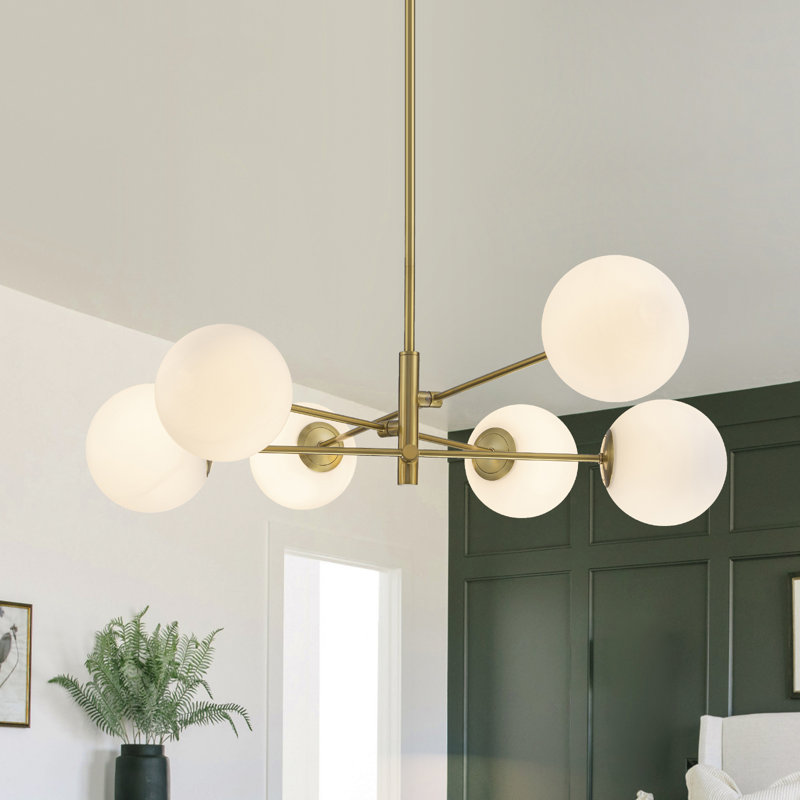 39" Mid-Century Modern 6 - Light Sputnik Sphere Milk Glass Chandelier