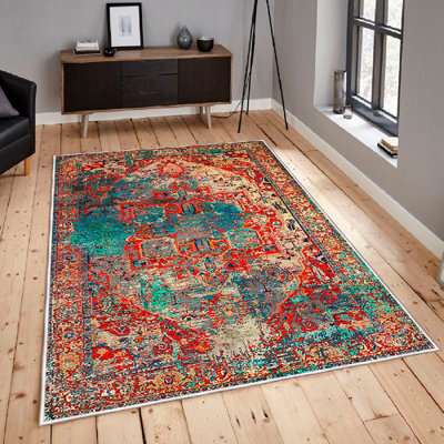 Antibacterial Cotton Area Rug, 2.6 x 4.9 ft | 100% Cotton, 1.3 lbs/sq ft, 0.4 in Pile Height, Non-Slip PVC Underside, Machine Washable | Cream, Red, Orange, Blue, Black Colors | Perfect for Living Room & Bedroom