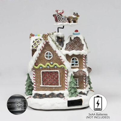 11.02"H Animated Gingerbread Cookie House (Santa) - LED, 8 Music, Adapter or BO - Hand-Painted Resin