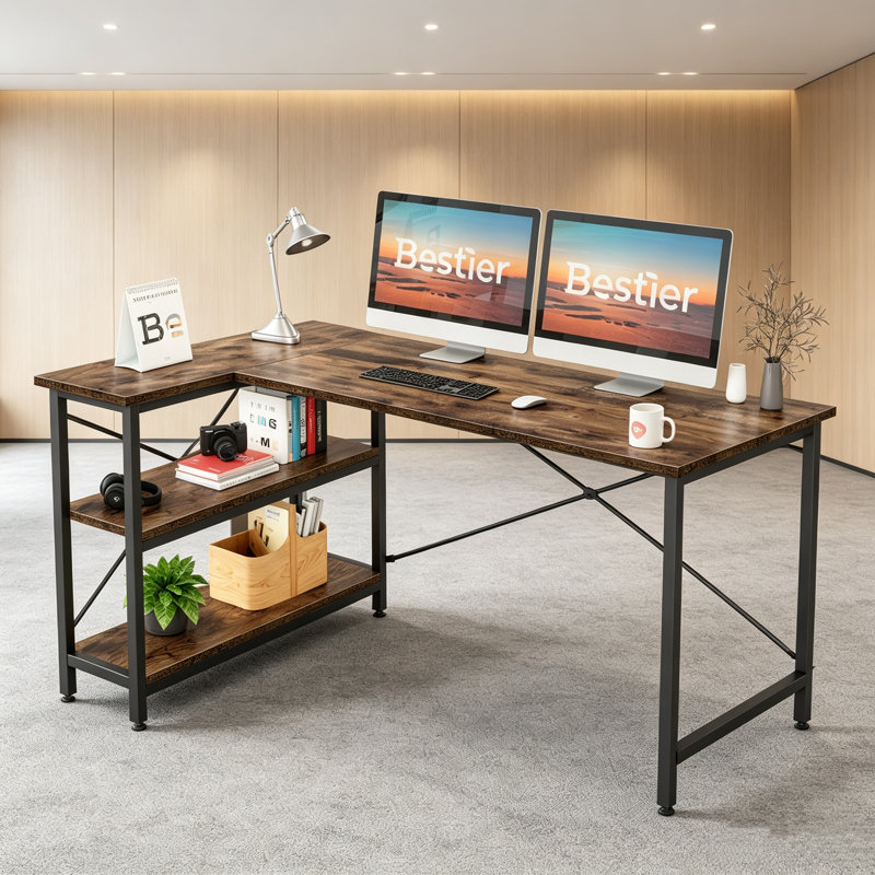 L-Shape Computer Desk, Rustic Brown, 74cm H x 140cm W x 90cm D