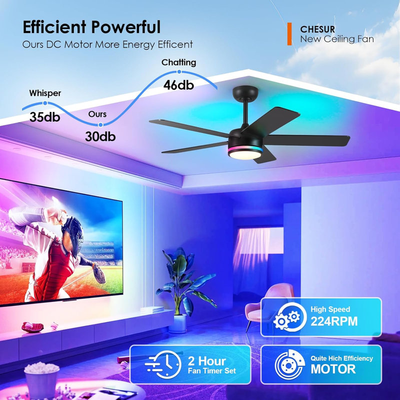 46" Modern Ceiling Fan With Lights And Remote Control, Black-RGB