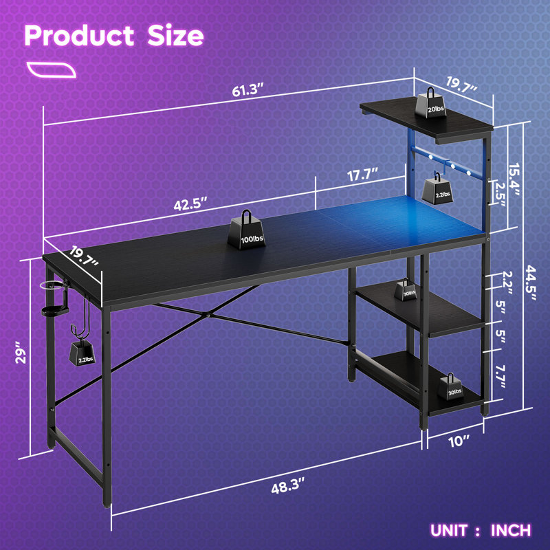 Nedyo RGB LED Computer Desk with Reversible Shelves, Black, 44.49" H x 61.02" W x 19.69" D