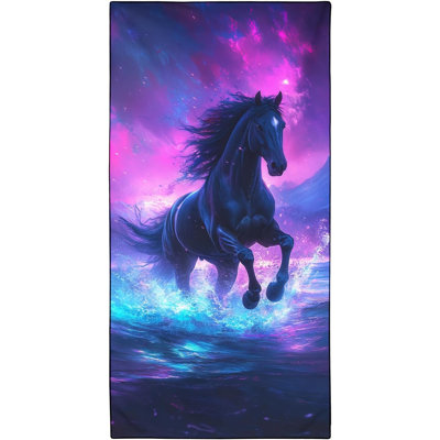 Black Horse Beach Towel Oversized 60" x 80", Neon Galaxy Ocean Animal Print, Thin Lightweight Sand Free Quick Dry Microfiber Towels for Beach Yoga Camping Travel