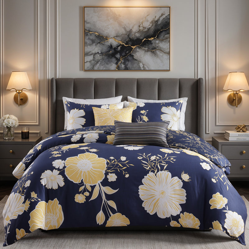 Ensemble d'édredon réversible 100% satin de coton 5 pièces Bebejan Sunglow, Édredon de très grand lit et 4 pièces additionn