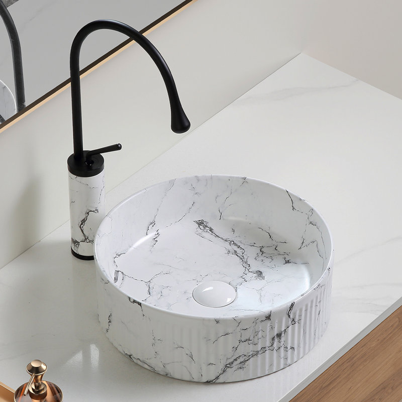Round Vessel Sink Black White 15"X15" Inch Bathroom Vessel Sink Round Above Counter Sink,Porcelain Ceramic Countertop Washing Art Basin For Vanity Lavatory Bath Cabinet With Faucet Darin