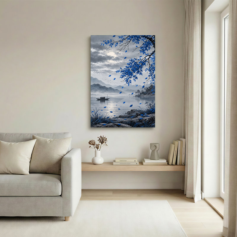 «Blue Leaves Over Misty Mountains», art mural sur toile, 48"H x 32"W