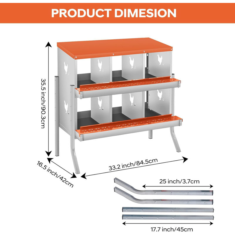 Chicken Nesting Boxes with Bracket Legs,Two-Tier Metal Chicken Egg Laying Box with 6 Compartments Large Vented Holes for Egg Collection,Orange