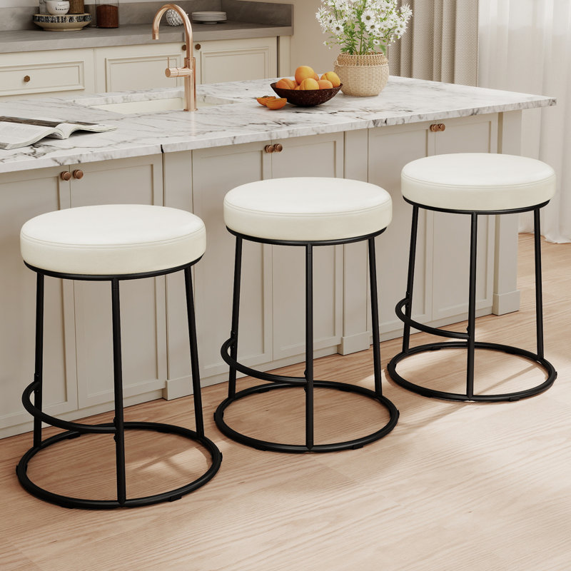 Iron Counter Stool with Iron Frame, White Faux Leather, 3