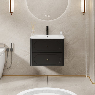 Meuble-lavabo mural avec comptoir intégré, meuble-lavabo flottant moderne peint à la main avec 2 tiroirs et bords arrondis