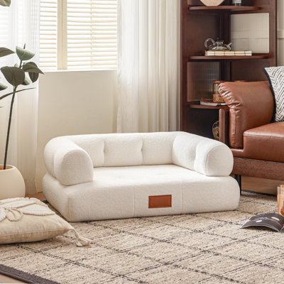 Faux Shearling Dog Bed Couch For Large Dogs Up To 70lbs, No Assembly Orthopedic Elevated Pet Sofa Bed, Furniture Style Comfy Dog Couch Bed, White