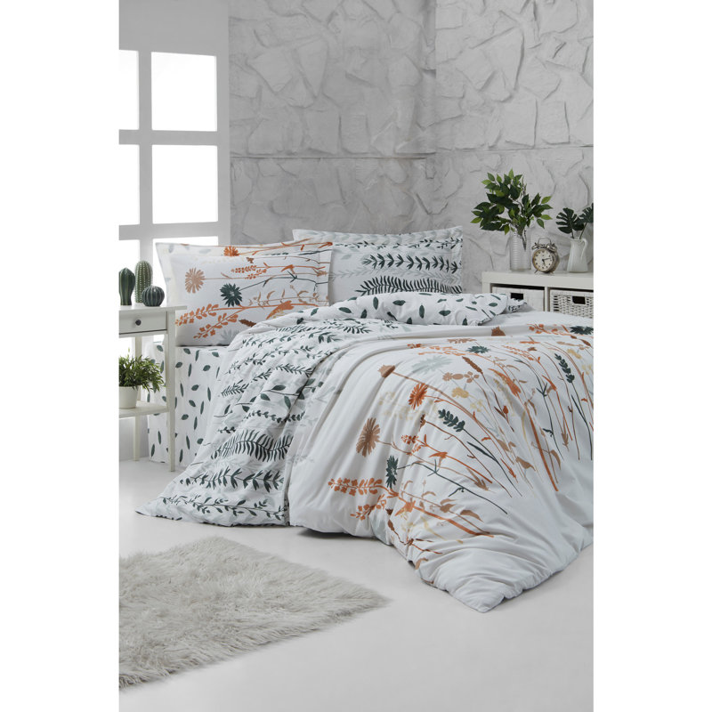 Ensemble de housse de couette 100% coton 4 pièces blanc / orange / gris foncé Stanchfield