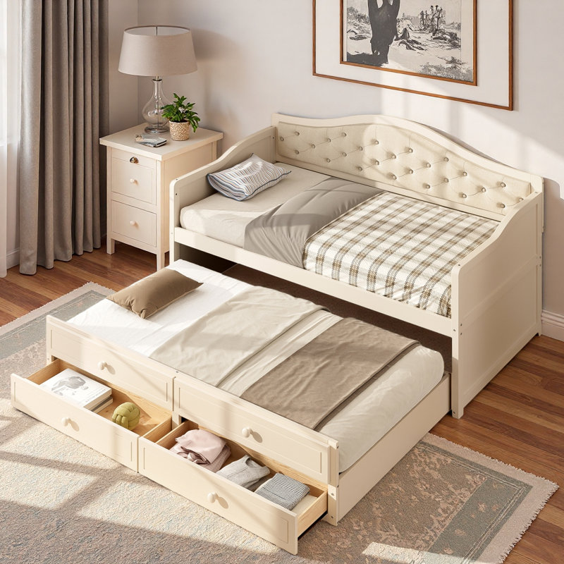 Lit de jour en bois avec lit gigogne, 2 tiroirs de rangement et dossier capitonné à boutons, Beige
