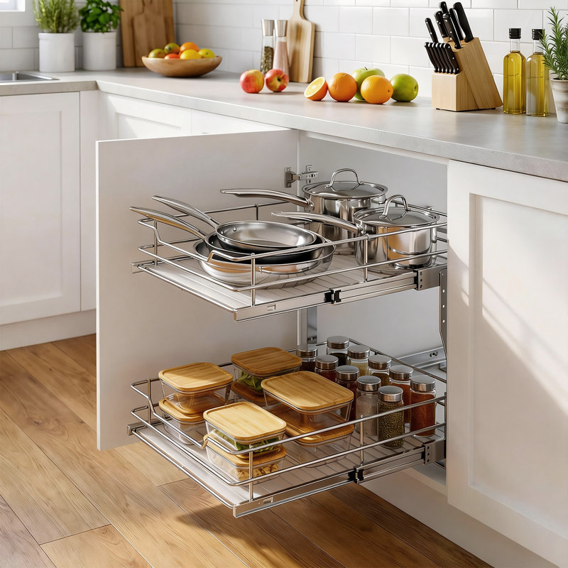 Pull-Out Heavy Duty Double-Layer Drawer Basket for Cabinets – Carbon Steel with Electroplated Finish, Smooth Glide Slides, Space-Saving Storage Organizer