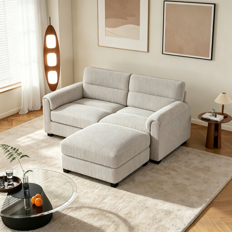 61.8'' Corduroy Upholstered Modular Loveseat Sofa With Ottomans & Adjustable Pillowtop Arm, Light Gray