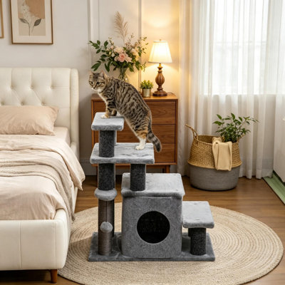 3-in-1 Adjustable Cat Stairs with Cozy Condo, Scratching Posts & Hanging Toy, Multi-Level Cat Tree for Small Cats under 10 lbs, Black and Gray