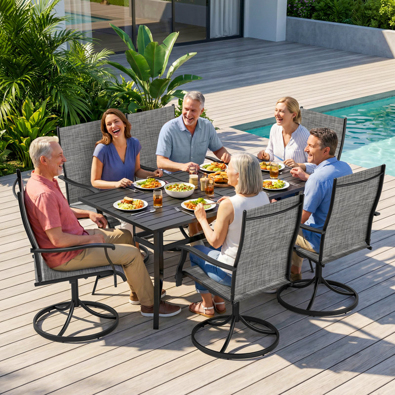 Ensemble de salle à manger de patio 7 pièces Wishon avec 6 chaises pivotantes Textilene