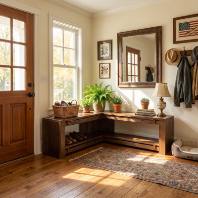 47.2" L-Shaped Solid Wood Entryway Bench with Storage Shelf, Farmhouse Corner Bench for Entryway, Foyer, Mudroom