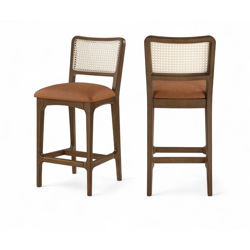 Demeshia Vegan Leather Upholstered Counter Stool, Cream Vegan Leather, Brushed Natural