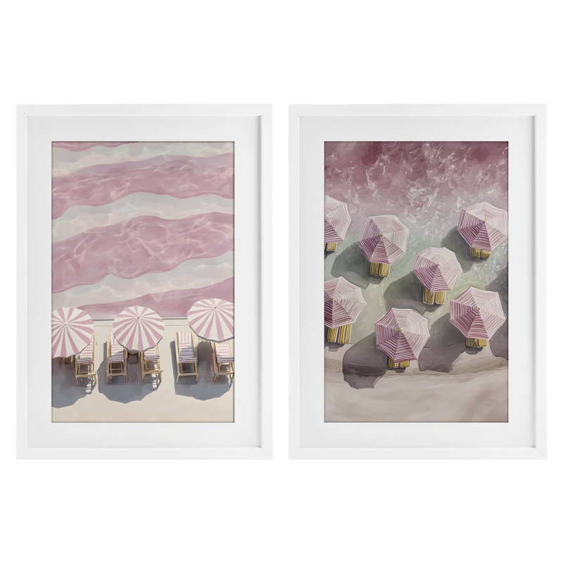 "Pink Umbrellas on Beach", ensemble de 2 reproductions encadrées sous verre, design par Annabelle Hall, H 20 po x l 14 po