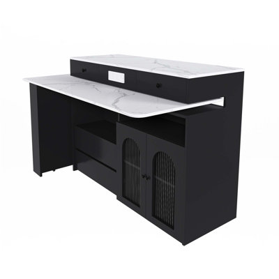 Kitchen Island With Extendable & Rotating Table, MDF With Marble Veneer Retro Design, 4 Drawers & Glass Door Cabinets With Built-In Socket, Expandable Dining Station For 2-4 Person