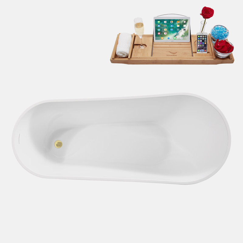 67" Streamline Soaking Freestanding Tub and Tray With Internal Drain, Polished Brass