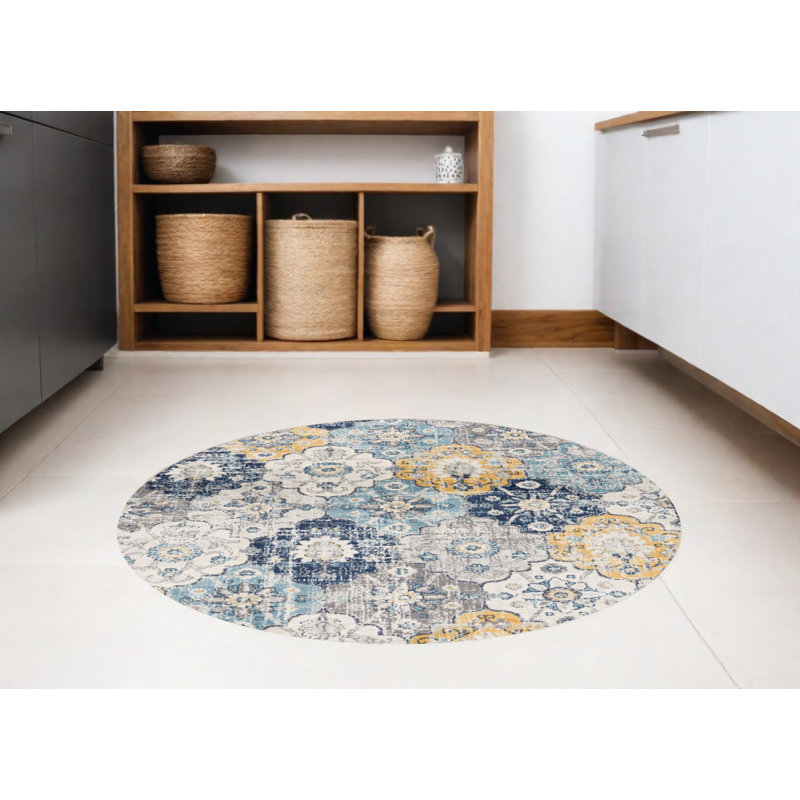 Tapis rond géométrique lavable antidérapant 5 pi bleu et gris